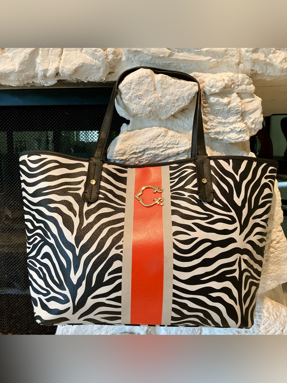 NWT C.Wonder Vegan Leather Zebra-Print Tote with Orange Center Stripe